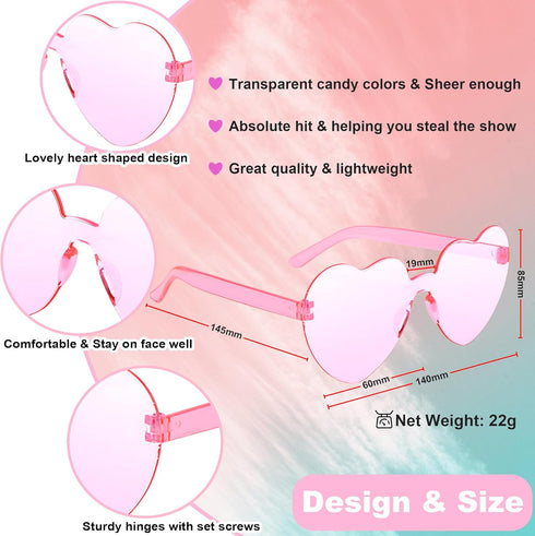 12 Pcs Heart Shaped Sunglasses for women Transparent Colorful Frameless Heart Glasses Bachelorette Party Favor...