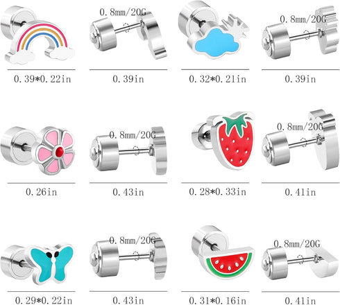 NEWITIN 6 Pairs Silver Cute Stud Earrings for Girls Hypoallergenic Earrings Stainless Steel Press Earrings Strawberry Flower Rainbow Cloud Butterf...