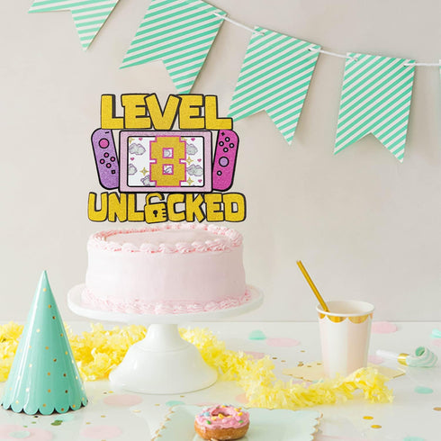 Girls Level 8 Unlocked Cake Topper, Glitter Girls Gaming 8th Birthday Cake Topper, Video Game Theme Party Decoration, Girl Gamer Birthday Favor...
