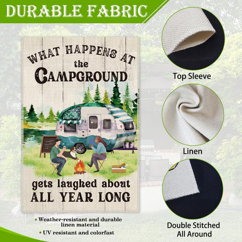 What Happens at Campground Get Laughed Garden Flag, 12 x 18 Inch Holiday Yard Outdoor Farmhouse Lawn Decoration Flag, RV Campground Bonfire Campin...
