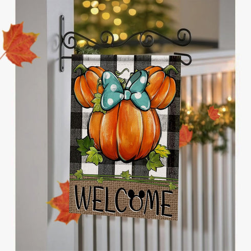 Welcome Fall Cartoon Mouse Pumpkin Decorative Garden Flag, Autumn Thanksgiving Buffalo Plaid Check Yard Outside Decorations, Farmhouse Rustic Outd...