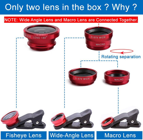 KINGMAS 3 in 1 Universal Fish Eye & Macro Clip Camera Lens Kit for iPad iPhone 7 6 5 Samsung BlackBerry HTC and Most Smartphones (Red)......