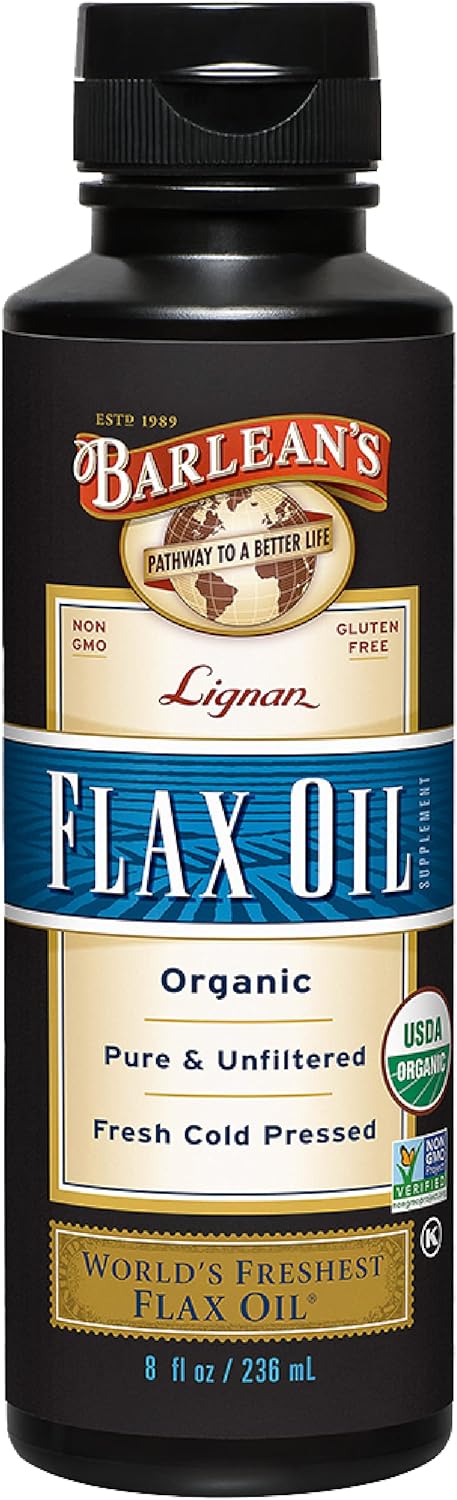 Barlean's Organic Lignan Flaxseed Oil Liquid Supplement from Cold Pressed Flax Seeds, 7,230 mg ALA Omega-3 Fatty Acids for Skin and Hair Care, Veg...
