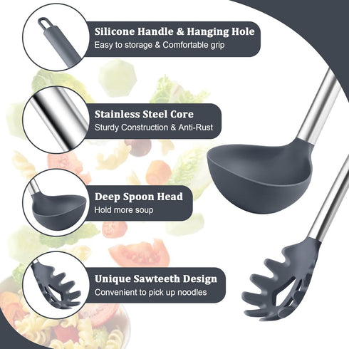 TeamFar Silicone Kitchen Utensils, 2 Pcs Large Nonstick Soup Ladle and Pasta Fork for Cooking Mixing Serving Soup, Sauce, Spaghetti, Eggs, Non-Tox...