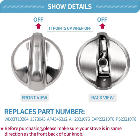 5 Pack WB03T10284 Burner Control Knobs Oven Electric Range Infinite Knobs Stainless Steel Finish Compatible with GE Range/Stove/Oven Replaces 1373043 AP4346312 AH2321076 EAP2321076 PS2321076