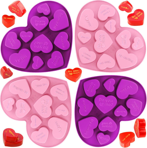 Patelai 4 Pieces Conversation Heart Molds Mixed Size 40 Holes Valentine's Day Heart Shaped Silicone Molds Non Stick for Chocolate Fondant Jelly Pu...