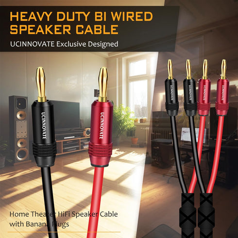 UCINNOVATE White Speaker Wire with Banana Plugs, 2 Pack 1.5m / 4.9FT OFC HiFi Speaker Cable with Banana Plugs, 14 AWG Audio Cables with Gold-Plate...