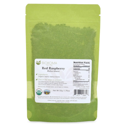 Biokoma Pure and Organic Red Raspberry Dried Leaves 50g (1.76oz) In Resealable Moisture Proof Pouch, USDA Certified Organic - Herbal Tea, No Addit...