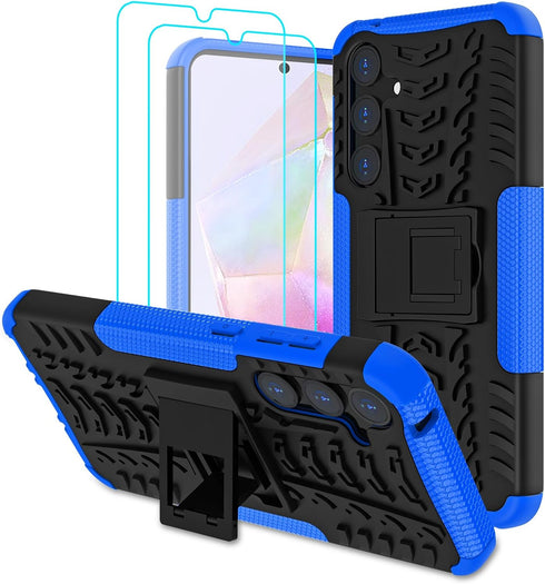 for Samsung Galaxy A35 5G Case with 2 Pack Screen Protector, Dual Layer Military Grade Shockproof, Heavy Duty Robust Bumper Cover with Kickstand f...