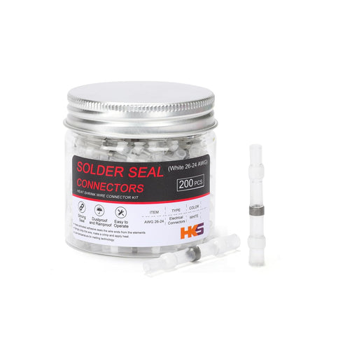 HKS 200 PCS Solder Seal Wire Connectors - White 26-24 AWG - Heat Shrink Solder Butt Connectors - Automotive Marine Boat Crimp - Waterproof and Ins...