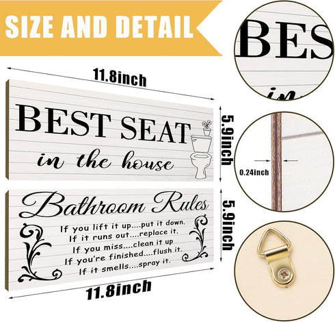 Jetec 2 Pieces Funny Bathroom Pictures Wall Sign Decor Farmhouse Bathroom Rule Wall Art Toilet Rustic Decoration Best Seat Wooden Sign(Simple Styl...