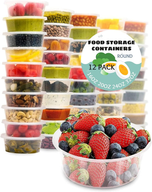 Food Storage Containers with Lids 16oz 20oz 24oz 32oz Freezer Deli Cups BPA-Free Leakproof Round Clear Takeout Container Meal Prep Microwavable, A...