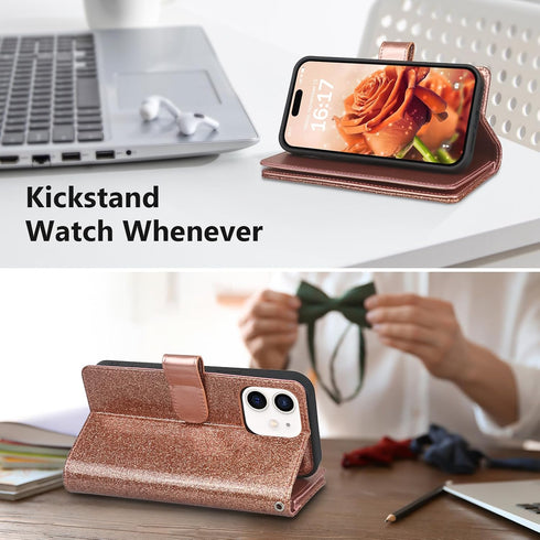 Varikke for iPhone 11 Wallet Case Detachable with 9-Card Holder for Women, Fashion Glitter PU Leather Wrist Strap Strong Magnetic Flip Wallet Remo...