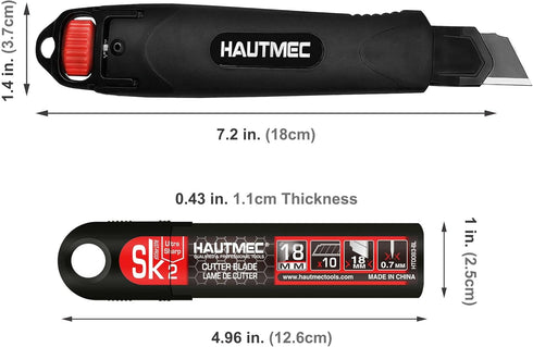 HAUTMEC 18mm Extra Heavy Duty Utility Knife with Double Lock Mechanism and 10pc Blade Set, Double Safety, SK2 Sharp Black Blade for Industrial or ...
