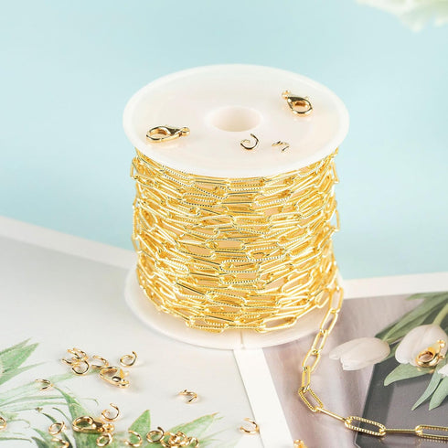 YOUBEIYEE 16.4 Feet Light Gold Embossed Paperclip Chain for Jewelry Making 18K Gold Plated Brass Chain Roll Women Necklace Bracelet DIY Jewelry Su...