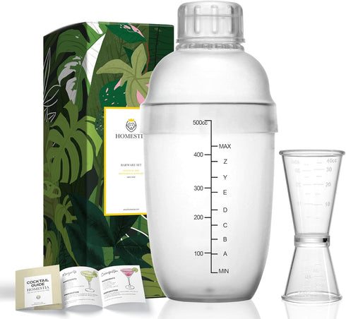Homestia Plastic Cocktail Shaker w/Scale and Jigger Set, Strainer Top, Drink Mixer Bartender Kit, Clear Plastic Cocktail Shaker Bottle Wine Mixer ...