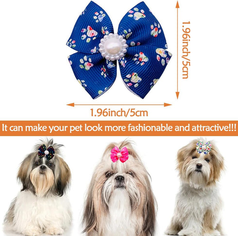 PET SHOW Bowknot Dog Hair Bows with French Barrette Clips Pet Puppies Yorkie Teddy Grooming Hair Accessories Pack of 10 (Paw Bone Printed)...