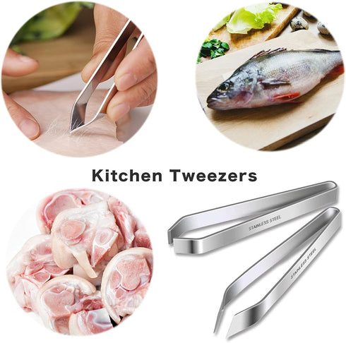 2 Pcs Fish Bone Tweezers, Fish Bone Pliers, Stainless Steel Flat and Slant Tweezers, Kitchen Meat Hair Remover Tool, Suitable for Salmon and Sea B...