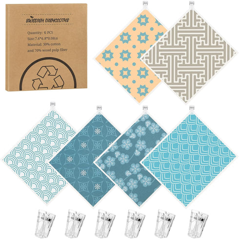 6 Pack Swedish Dishcloths for Kitchen,Swedish Dish Towels with Adhesive Clips, Reusable Paper Towels Washable Absorbent Cellulose Sponge Cloths,No...