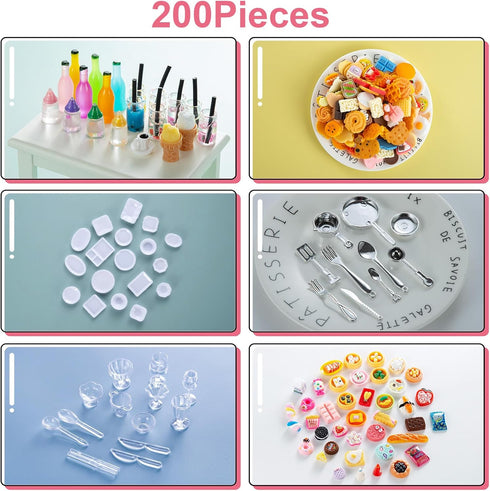 200Pcs Dollhouse Miniature Food Drinks Bottle Cooking Toys Kitchen Accessories Mini Play Fake Resin Pretend Game Party Tableware Bread Cake Ice Cr...