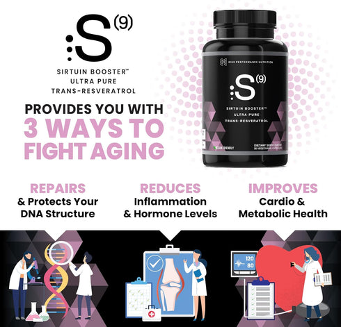 HPN S(9) Sirtuin Booster Ultra Pure Trans Resveratrol Healthy Aging Antioxidant Supplement, High Performance Nutrition, 30 Capsules...