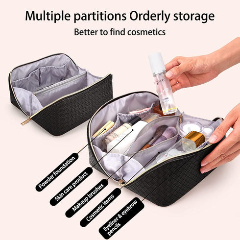 Travel Cosmetic Bag Large Capacity Make Up Bag PU Leather Waterproof Portable with Handle and Divider Multifunctional Bag (Black-braid)...