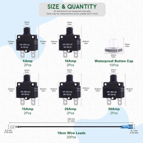 Keadic 40 Pcs 5/10/15/20/30A Push Button Circuit Breaker with Manual Reset Assorted Set AC125-250V 32VDC Thermal Circuit Breaker with 19cm Wire Le...
