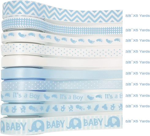 HUIHUANG Baby Blue Ribbon for Baby Shower Its A Boy Blue Ribbon Assorted Foot Print Elephant Satin Ribbon for Gift Wrapping Crafts Diaper Cake Bab...