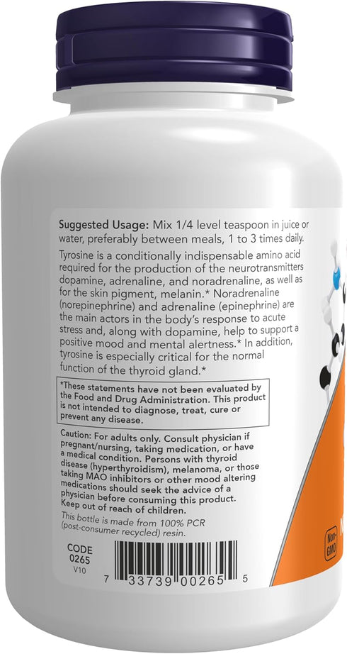 NOW Supplements, L-Tyrosine Powder, Free-Form, Neurotransmitter Support*, Amino Acid, 4-Ounce...