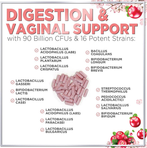Probiotics for Women with Prebiotics, 90 Billion CFU & 16 Diverse Strains, Cranberry & D-Mannose, Extra Strength Womens Probiotic for Digestive, V...