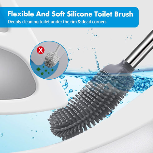 Toilet Brush,Toilet Brush and Holder, Silicone Flexible Toilet Bowl Brush Head with Ventilated Holder, Wall Mounted Compact Toilet Brush Set for B...