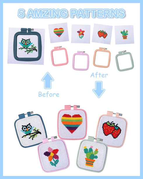 Pllieay 5PCS Cross Stitch Kits for Beginners for Kids 7-13, Includes 5 Project Patterned and 5pcs Square Embroidery Hoops, 11 Skeins, Needle Point...