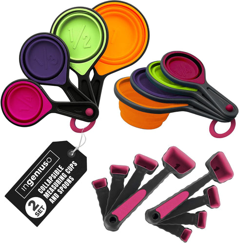 Collapsible Measuring Cups and Nesting Spoons - Adjustable Silicone for Cooking, used for Liquid and Dry Kitchen Items - Portable Portion Control,...