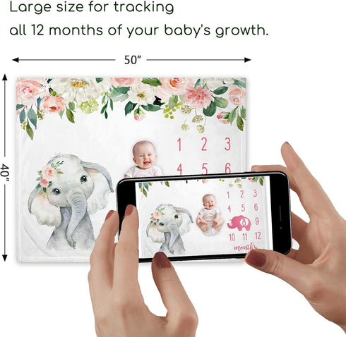 Floral Elephant Baby Monthly Milestone Blanket, Jungle Elephant Girl's Soft Fleece Monthly Milestone Blanket , Girl Elephant Nursery Infant Newbor...