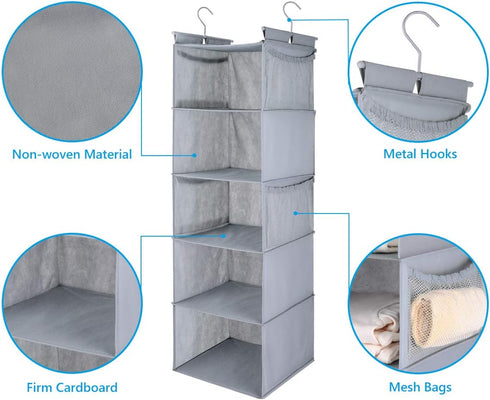 MAX Houser 5 Shelf Hanging Closet Organizer,Space Saver, Closet Hanging Shelves with (4) Side Pockets,Foldable,Light Grey...