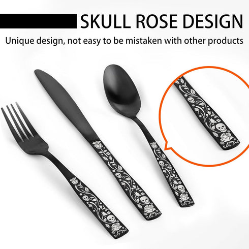 Portable Travel Utensils Set with Case, Reusable Camping Silverware, 18/0 Stainless Steel Flatware for Adult Work Lunch Picnic Unique Skull Rose, ...
