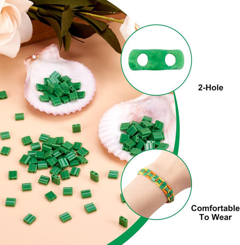 200Pcs Green Glass Seed Beads Tila Beads 2 Hole Flat Square Shaped Beads Loose Spacer Beads Waist Beads Kit for Crafts DIY Beading Summer Boho Jew...