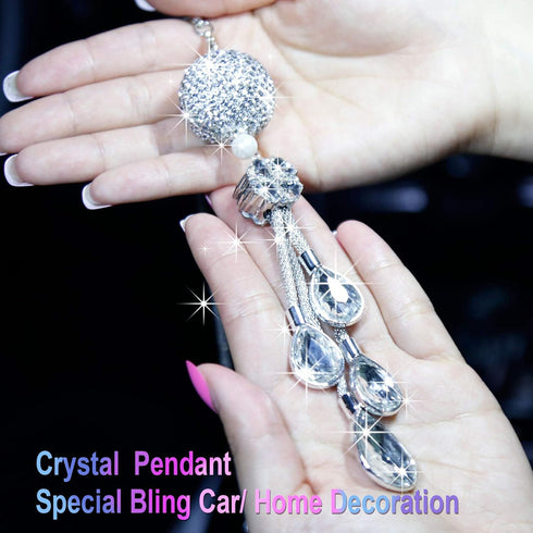 Bling Rear View Mirror Accessories for Women, Lucky Car Interior Rearview Crystal Decor Charm, Rhinestone Ball Ornament Sun Catcher Pendant...