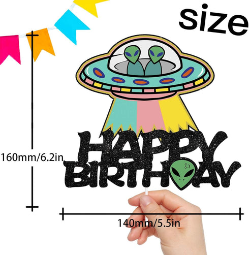 ET Happy Birthday Cake Topper Decorations with UFO for Alien Theme Picks for Kids Party Decor Supplies...