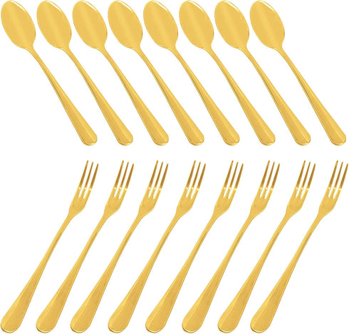 Set of 16 Gold Demitasse Espresso Spoon (4 inch) and Stainless Steel Forks (4.8 inch), DaKuan Gold Mini Coffee Spoons & Cake Forks for Dessert, Te...