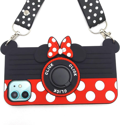 for iPhone 12 Mini Case Cute 3D Carton Camera with Rotating Ring Grip Holder Kickstand Lanyard Teens Girls Women Soft Silicone Phone Case Rubber C...