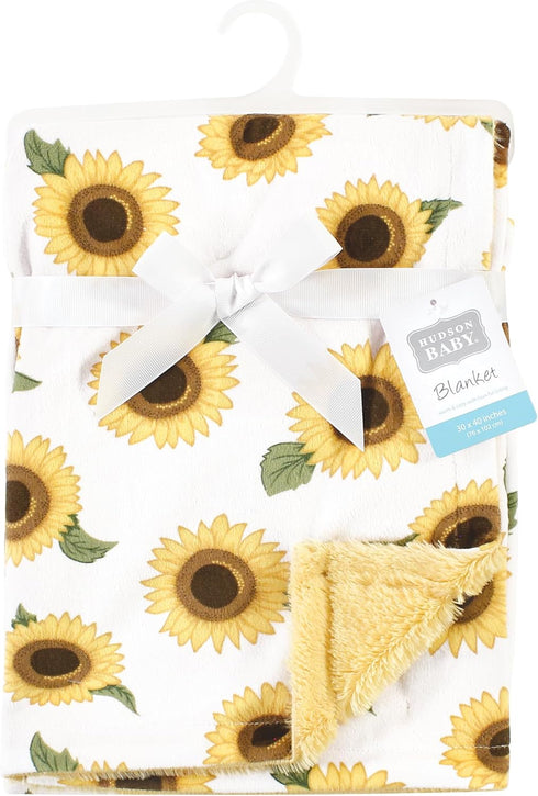 Hudson Baby Unisex Baby Plush Blanket with Furry Binding and Back, Sunflower, One Size...