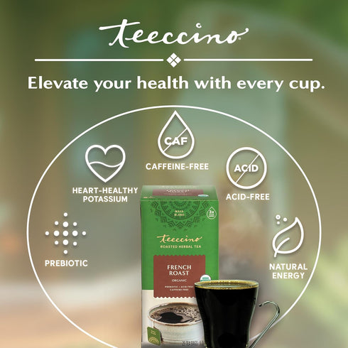 Teeccino French Roast Herbal Tea - Rich & Roasted Herbal Tea That’s Caffeine Free & Prebiotic for Natural Energy, Coffee Alternative, 25 Tea Bags...