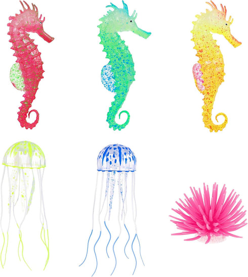 Lpraer 6 Pieces Glow Aquarium Ornaments Artificial Glow Floating Jellyfish Seahorse Anemones Silicone Simulation Fish Tank Decorations for Fish Ta...