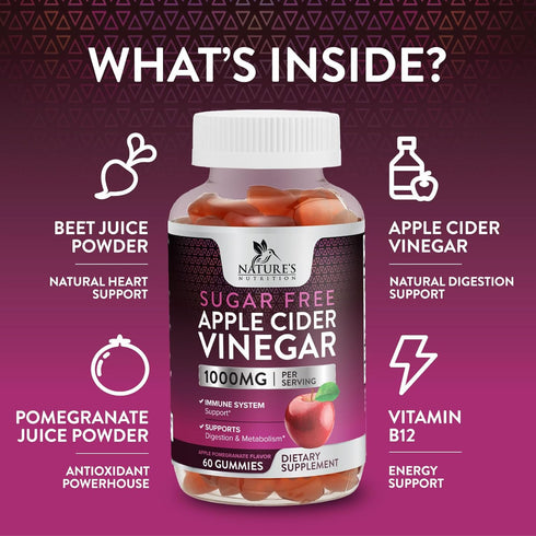 Nature's Nutrition Apple Vinegar Gummy for Weight Loss 1000mg - Vegan Apple Cider Vinegar Gummies for Detox & Cleanse, ACV Supplement Pills, Vitam...