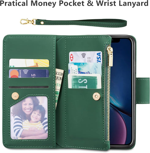 EYZUTAK Case for iPhone XR, Glossy PU Leather 9 Card Slots Magnetic Closure Detachable Wrist Strap Zipper Wallet Shockproof Removable Back Cover C...