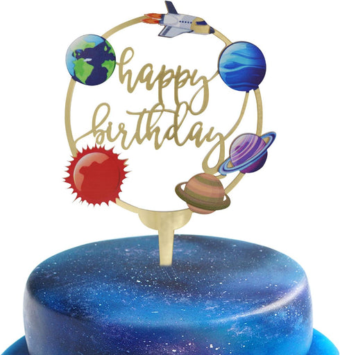 Happy Birthday Acrylic Cake Toppers for Outer Space Theme Birthday Party Decorations, Rocket Galaxy Planet Cake Toppers for Kids (Gold)...