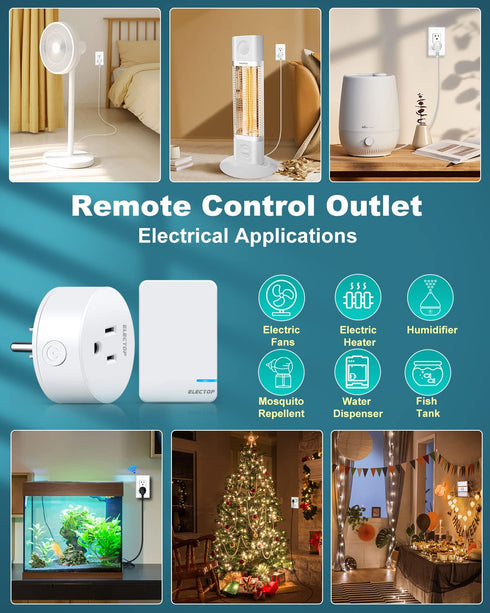 Remote Control Outlet, ELECTOP 15A/1500W, Wireless Outlet Power Switch, No Wire Long Range Electrical Switch Plug in On/Off for Lights, Fans, Chri...