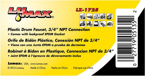 Lumax LX-1725 3/4” Male Barrel Faucet with EPDM Gasket. For use with 15, 30, & 55 Gallon Plastic or Steel Drums. Tough & Durable Polyethylene mate...