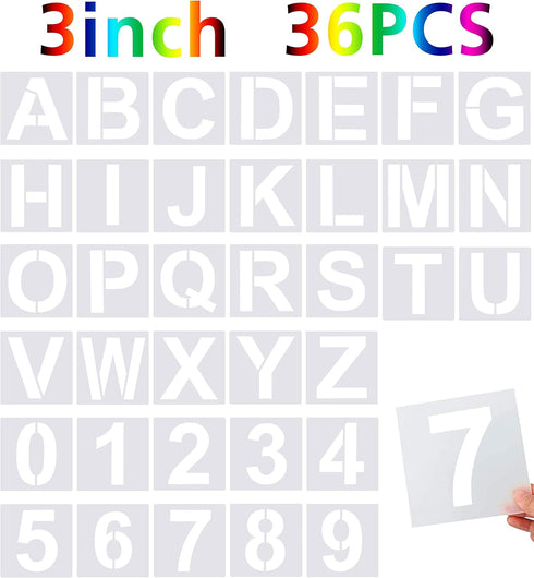 36 Piece Large Alphabet & Number Stencils - Reusable Letter Stencils for Painting on Wood, Wall, Fabric, Rock, Chalkboard & Glass (3 Inches)...